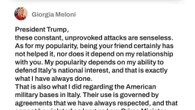 Trump: "Giorgia Meloni vuole tornare amica perché è in calo popolarità. Lei: "Pensi alla sua"