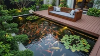 7 Desain Kolam Ikan dengan Dek Kayu Pelindung dan Bangku Santai yang Membuat Halaman Terli...