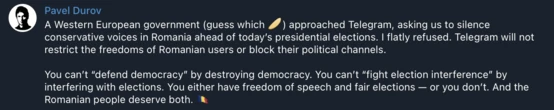  Pavel Durov rejects EU pressure to censor Romanian election content 