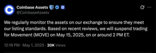  Coinbase suspends trading for MOVE token 