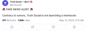  Trump-owned Truth Social denies it is launching a memecoin 