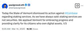  Vermont follows SEC’s lead, drops staking legal action against Coinbase 