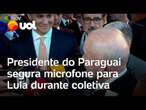 Mercosul: Presidente do Paraguai segura microfone para Lula durante coletiva; veja vídeo