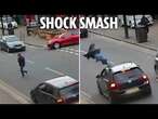 Moment man is flung through air after car hits him as he crosses road