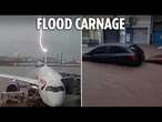 Watch as BA plane is struck by lightning & cars are swept away as floods wreak havoc in Brazil