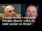 X/Twitter paga multa e aguarda Alexandre de Moraes liberar a volta da rede de Musk no Brasil; vídeo