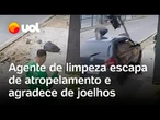 Homem escapa por pouco de atropelamento e agradece de joelhos em Aracaju; veja vídeo