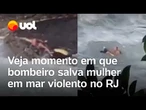 Bombeiro mergulha em mar violento, entre pedras, para salvar mulher em Niterói (RJ); veja vídeo