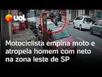 Motociclista empina moto e atropela homem com neto de 6 anos na Zona Leste de São Paulo; vídeo