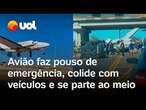 Avião faz pouso de emergência em rodovia, colide com carro e se parte ao meio nos EUA; veja vídeo