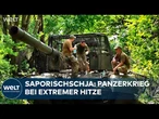 PUTINS KRIEG: T-72-Panzer der 65. Brigade der Ukraine– Einsatz bei dreißig Grad in Saporischschja