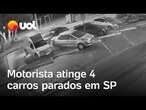 Motorista perde o controle e atinge 4 carros estacionados no Guarujá, litoral de SP