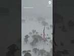 American flag billows in icy wind over Lake Charles