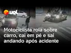 Homem bate em carro, gira no ar, cai em pé e sai andando após acidente em SP; veja vídeo