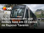 Veja imagens do momento em que ônibus perde o controle e bate em 15 ônibus na rodovia Raposo Tavares