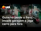 Guincho perde o freio, invade garagem e joga carro para fora em Minas Gerais; veja vídeo