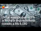 Dólar avança quase 2% e fecha a segunda-feira cotado a R$ 6,18