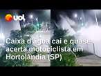 Caixa d'água cai e quase acerta motociclista em Hortolândia (SP); vídeo mostra momento