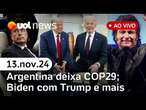 6x1 anima Planalto, mas gera cautela; Argentina deixa COP29; Biden com Trump e + ao vivo | UOL News