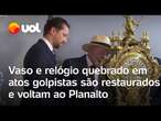 8 de janeiro: Vaso e relógio quebrado em atos golpistas são restaurados e voltam ao Planalto; vídeo