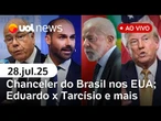 Tarifaço: Brasil nos EUA para negociar com Trump; julgamento no STF; Eduardo x Tarcísio + ao vivo