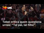 Sem citar nomes, Tebet critica quem questiona urnas: 'Tal pai, tal filho'
