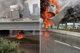 Lkw steht Meter hoch in Flammen, kurz vor Explosion rettet sich Fahrer mit Sprung in sechs Meter Tiefe