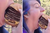 Frau zwängt Burger mit 10 Pattys auf einmal in ihren Mund: Der Grund macht sie jetzt berühmt