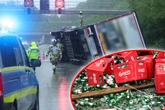 Umgekippter Lkw auf der A17: Zerbrochene Flaschen sorgen für Chaos