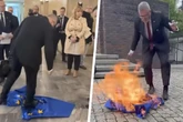 Spitzenpolitiker trampelt auf EU-Flagge herum und zündet sie an