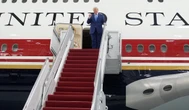 President Donald Trump unveils the new Air Force One, a converted Qatari jet