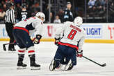 Alex Ovechkin skates before Capitals practice as he works to return from a broken leg