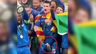 Painful moment Chelsea star grabs team-mate's privates in X-rated celebration