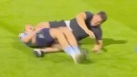 Horror moment star slide-tackled in head seconds after scoring crucial penalty