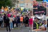 Scots prison officer spotted next to sick banner at migrant hotel protest