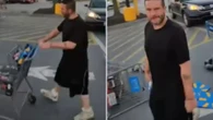 Moment hero vigilante rams shoplifter's shopping cart in busy car park