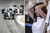 Moment F1 star's model girlfriend reacts as he spins off track at high speed
