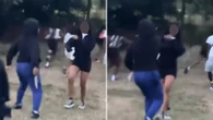 Horrifying moment woman wielding huge blade lunges at girl in packed park