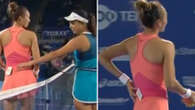 Tennis star in awkward wardrobe malfunction as rival sheepishly points out gaffe