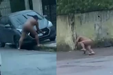 Homem pelado vandaliza placa de carro e caminha perto de escola. Vídeo