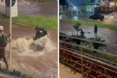 Vídeo. Homem se arrisca para não deixar moto ser levada por enxurrada