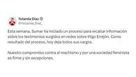 Yolanda Díaz dice que la dimisión de Errejón es el resultado del proceso abierto en Sumar