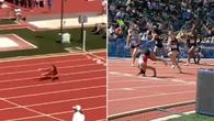 Athletics sprinter wins race somersaulting over finish line