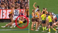 Geelong forward out cold before he hits the ground in ugly incident