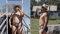 Latrell Mitchell and teammate go rogue in budgie smugglers