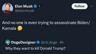 Musk deletes post asking why nobody tries to kill Biden, Harris