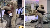 Tutora carrega cachorro gigante no colo em escada rolante; veja