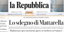 Le prime pagine di oggiLe dichiarazioni di Sergio Mattarella sulle cariche della polizia in Toscana, Giorgia Meloni a Kiev, le elezioni regionali in Sardegna