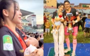 Yến Xuân chiếm spotlight khi bế con đến SVĐ ăn mừng vô địch cùng Lâm Tây, sắc vóc vẫn quyến rũ nhất dàn WAGs Việt