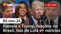 Trump x Kamala: pesquisa, reações de Lula e Bolsonaro; Telebras e 'pedalada' e+ notícias | UOL News 04/11/24